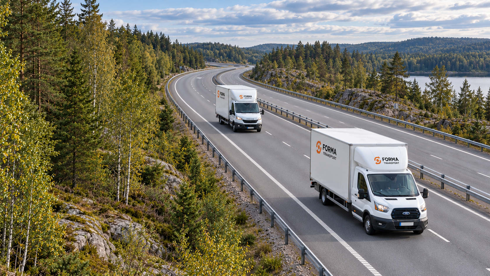 Illustration av Forma Transports lätta lastbilar på en svensk motorväg